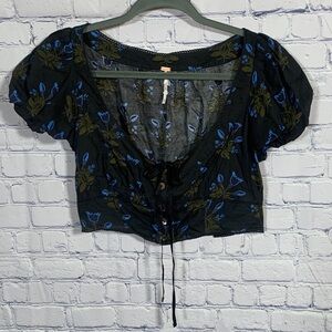 Free People Womens Cropped Floral Babydoll Top Black Blue Size S Cottagecore Y2K